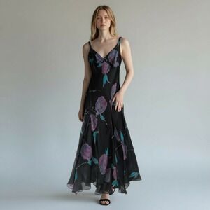 VTG Jones New York Fairy Whimisgoth Dress Black Floral Silk Sheer Maxi Size 6